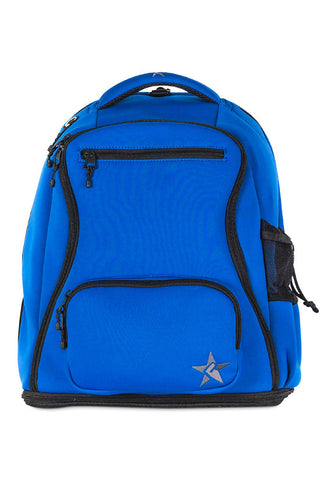 A royal blue neoprene backpack with black zipper details, featuring multiple compartments and a small Rebel crystal logo on the front.