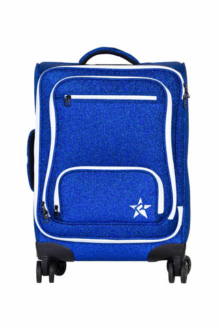 A blue glittery spinner suitcase with white piping and a white star logo on the front pocket, shown against a plain white background.