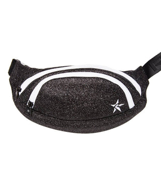 Black fanny pack with white zipper and a star design, adjustable strap.