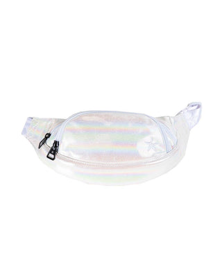 A cream-colored fanny pack with a white zipper and an adjustable waist strap, designed for adult wear.