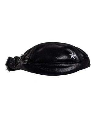 A black faux suede fanny pack with a visible zipper and a star pattern, designed to be worn around the waist.